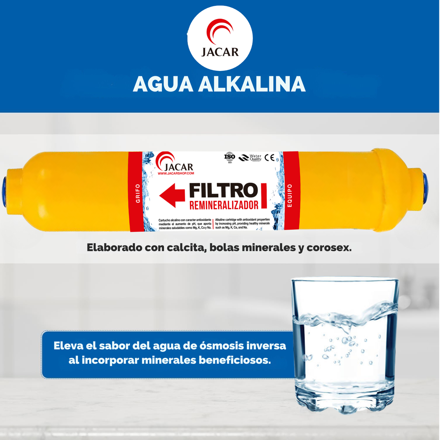 Filtro de Remineralización para Equipo de Ósmosis Inversa - Cartucho Post-Filtro con Minerales Esenciales como Calcio, Magnesio, Sodio y Potasio para Mejorar el Sabor y Beneficios del Agua JACAR