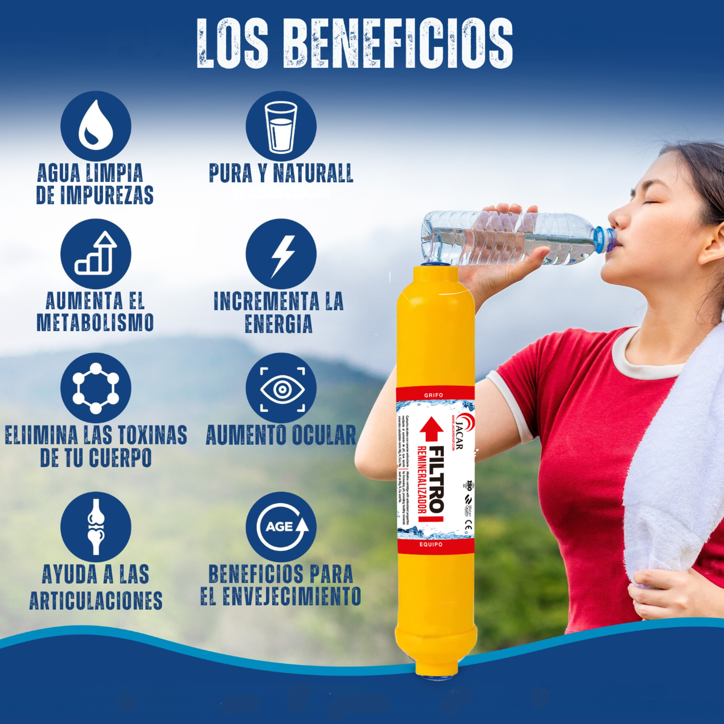 Filtro de Remineralización para Equipo de Ósmosis Inversa - Cartucho Post-Filtro con Minerales Esenciales como Calcio, Magnesio, Sodio y Potasio para Mejorar el Sabor y Beneficios del Agua JACAR