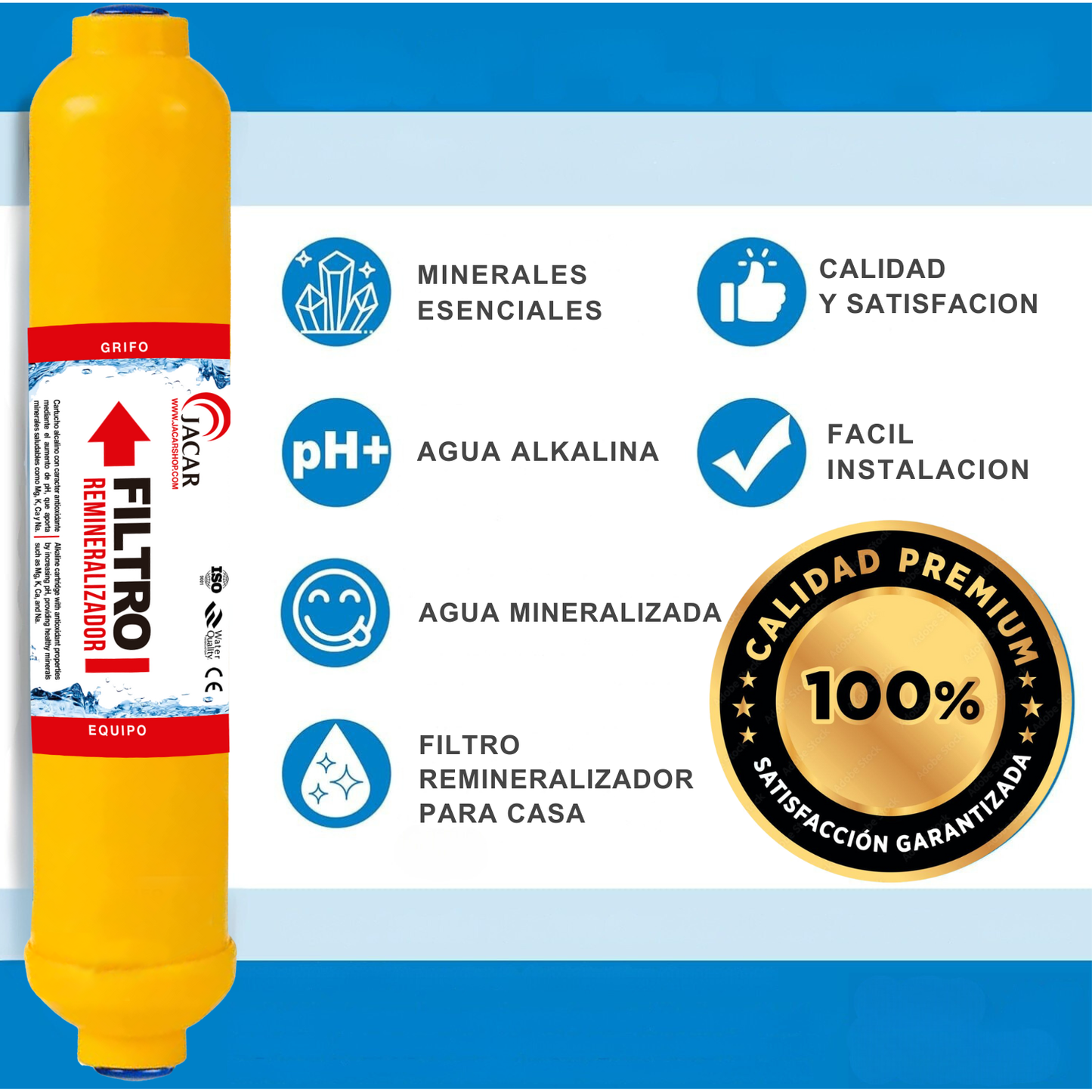 Filtro de Remineralización para Equipo de Ósmosis Inversa - Cartucho Post-Filtro con Minerales Esenciales como Calcio, Magnesio, Sodio y Potasio para Mejorar el Sabor y Beneficios del Agua JACAR